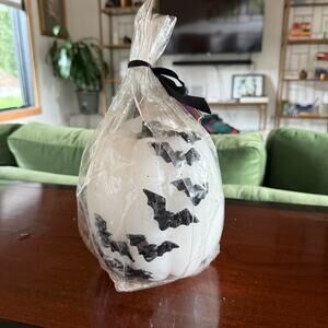 Moonlight Manor Black Bats on White Pumpkin Unopened Candle 7" Tall